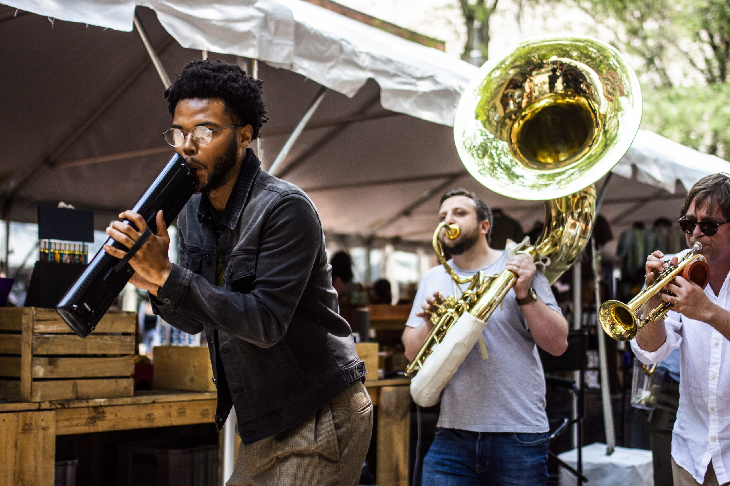 Hot Jazz, a brass band, performs at the Capitol Street Art Fair in Charleston, WV.